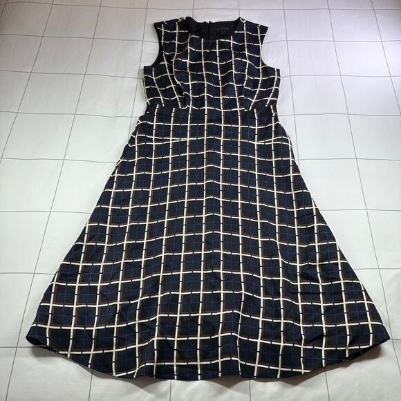 J.Crew Dress Womens 6 Black Windowpane Silk Aline Fit Flare Sleeveless Preppy - Picture 2 of 10